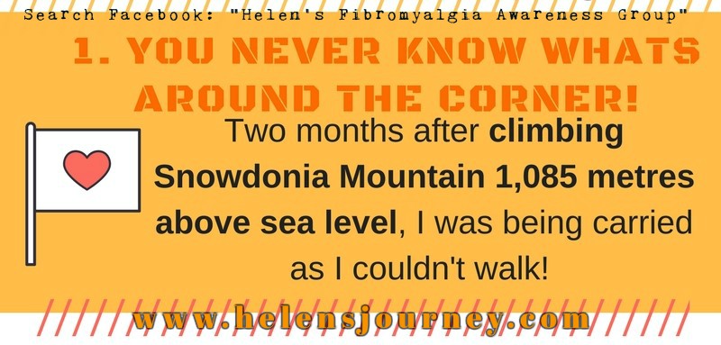 you never know whats around the corner: no1 life lessons of chronic illness infographic Helen's journey blog www.helensjourney.com with web address for Helen's Fibromyalgia Awareness Facebook Group